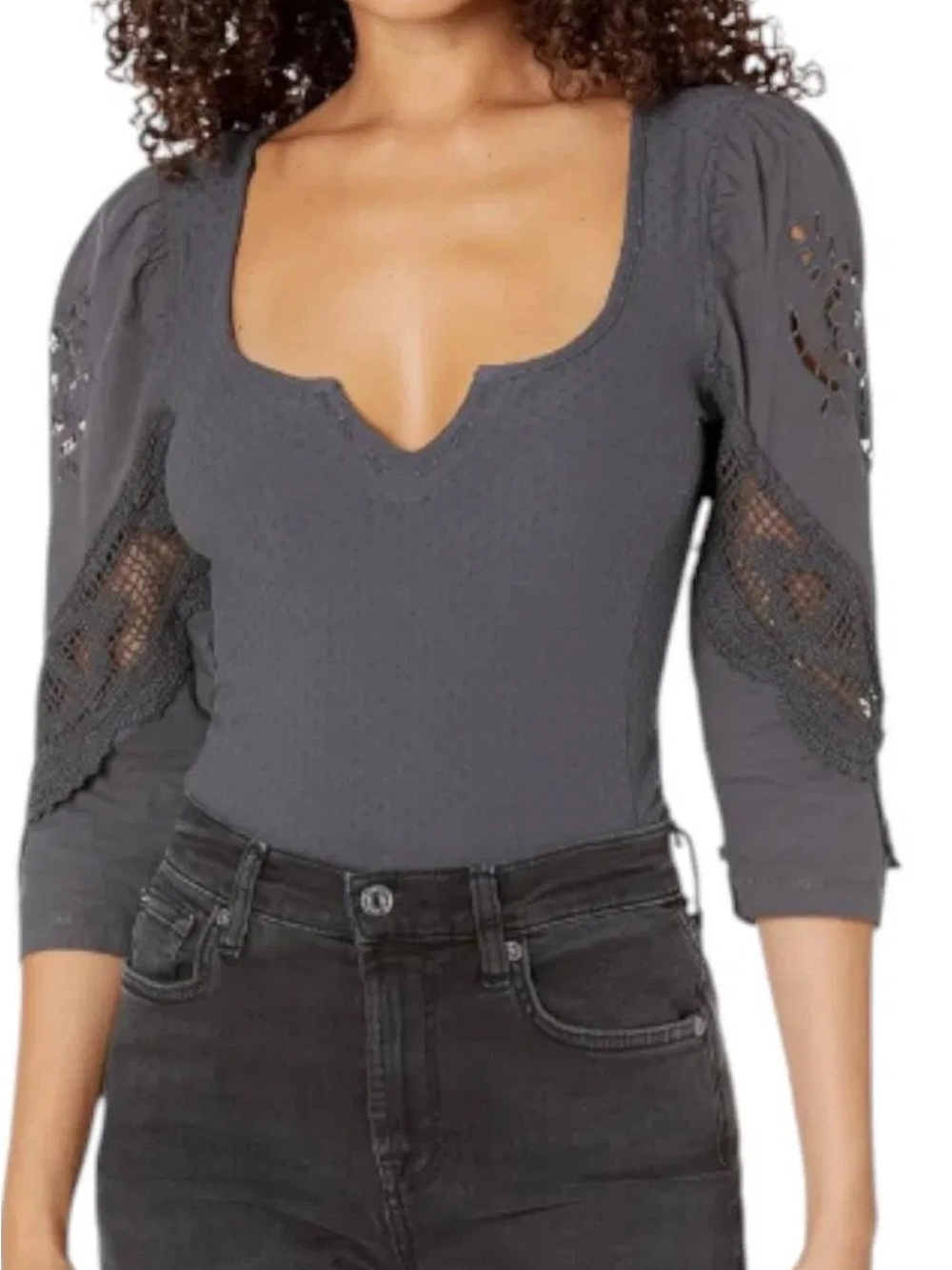 Free People Gray Scoop Neck eyelet Lace Inset sleeves XS